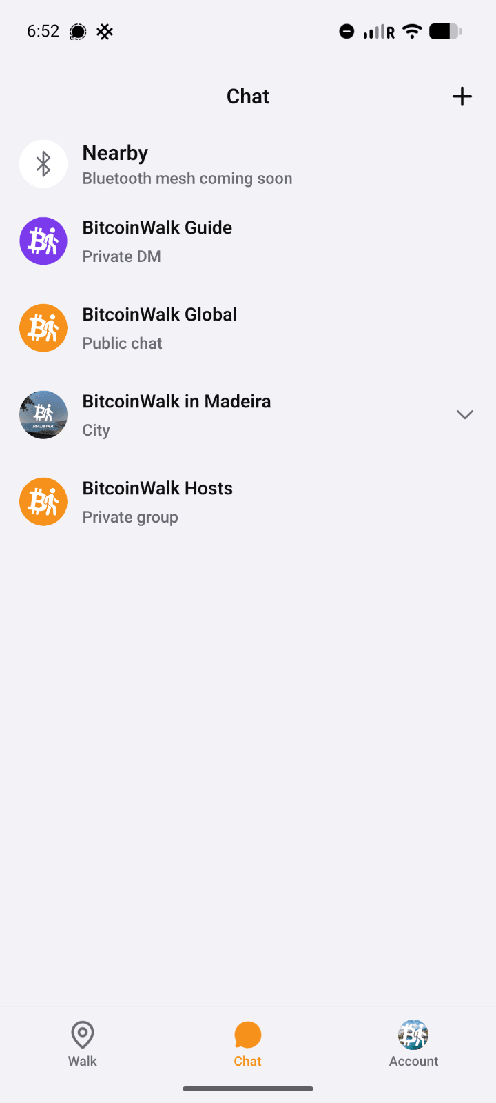Walkie Talkie chats with the AI Guide, Global and local BitcoinWalk groups