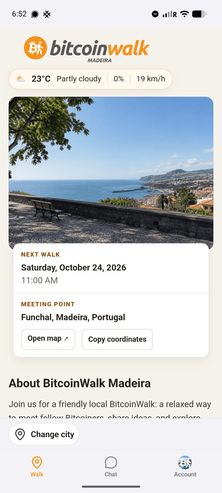 A BitcoinWalk city page with the next walk and meeting point
